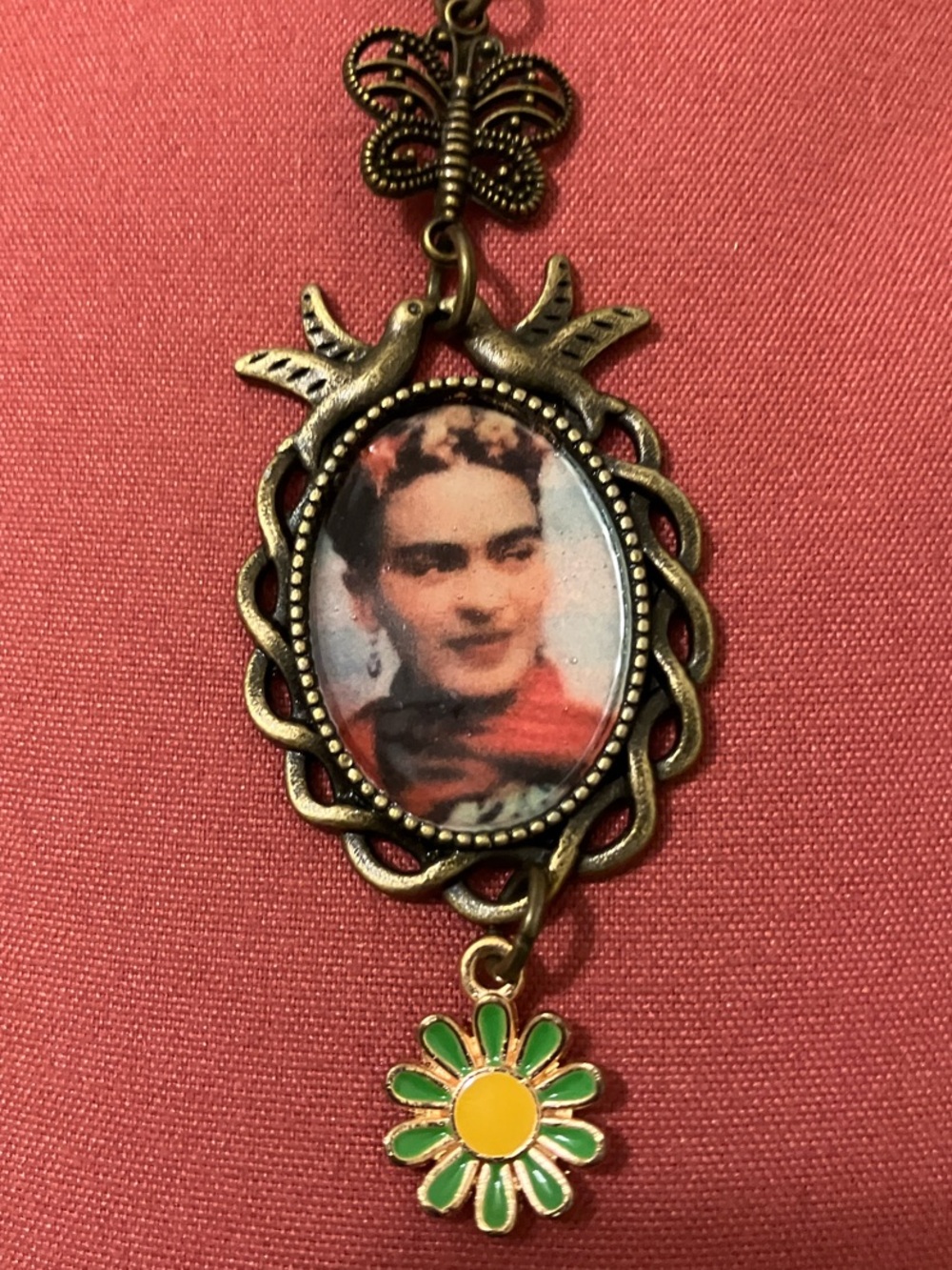 Frida Portrait Pendant Necklace with Green Daisy Charm